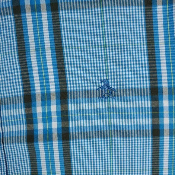 Penguin Shirt Mens XL Blue Plaid Slim Fit Casual Button Up Short Sleeve - Picture 2 of 7